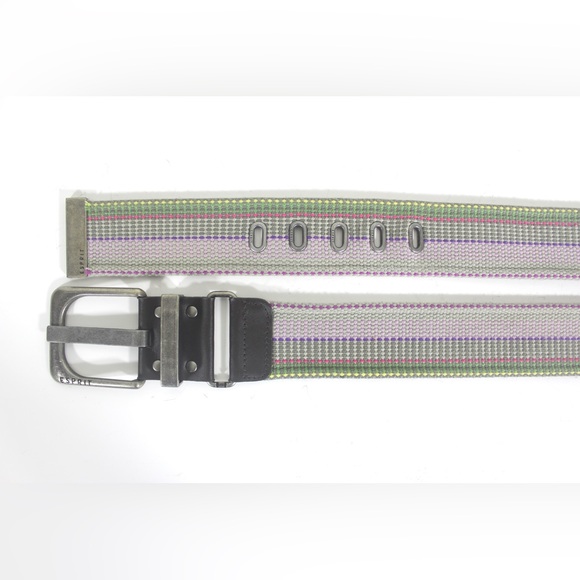 Colourful Wide Fabric Belt with Antiqued Silver Buckle Gray Pink Green Yellow - Picture 2 of 6